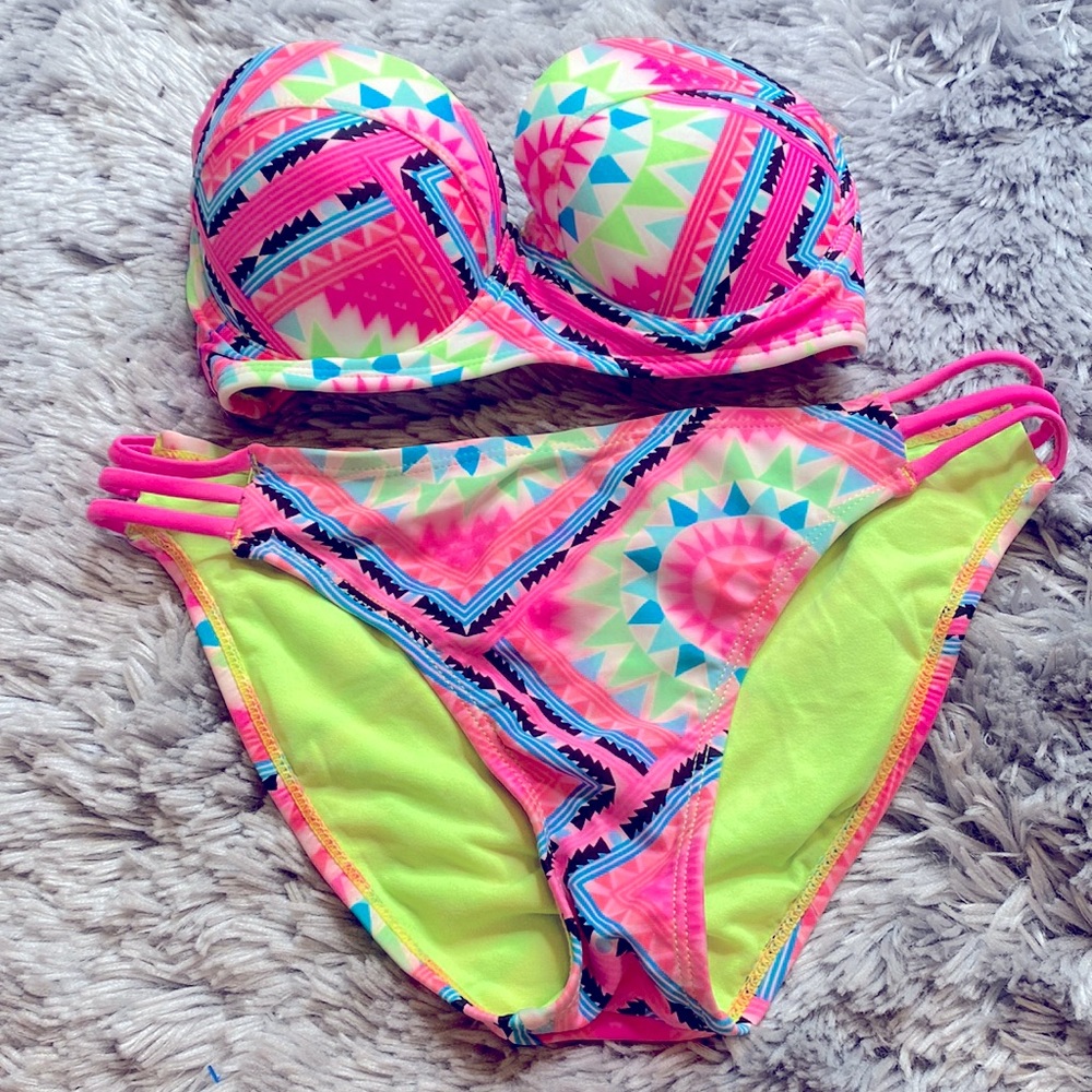 Rue Bleu By Rue 21 Pink Green Strapless Bikini Swimsuit Set Size Small